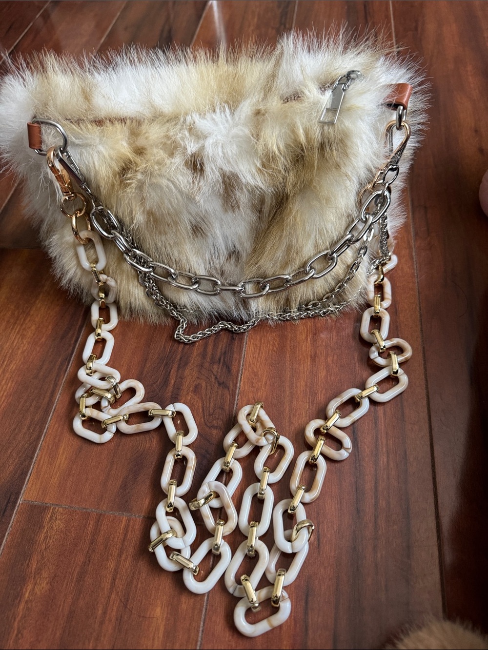 Source Unknown Beige Faux Fur Pendant Necklace with Gold & Silver Chains